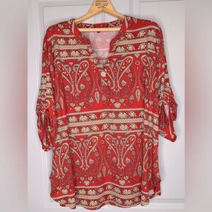 Lienridy Red/Tan V-Neck Light 3/4 Sleeve Blouse/Tunic in Women's Size 3X